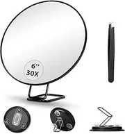 30X Magnifying Mirror, 6 Inch Large Makeup Mirror with 30X Magnification, Compact Makeup Magnifying Mirror, Round Magnifying Mirror with Handle for Travel Mirror, 3 Suction Cups, 360° Adjustable Stand