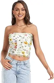 [RPLIFE] Watercolor Wildflowers White Tube Crop Tops for Women, Sexy Tube Tops, Mesh Tube Tops, Aesthetic Summer Tops (S)