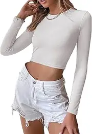 [Zylphorix] Women Sexy Backless Long Sleeve T-Shirt Solid Color Open Back Crop Top Backless Cotton Pullover Blouses