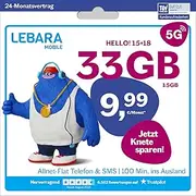 LEBARA Mobile Phone Tariff Hello! 15+18 | 33 GB Data Volume | 5G with up to 50 Mbit/s | Allnet Flat Telephony & SMS Germany Including EU Roaming | 100 Minutes Abroad