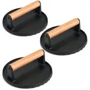 3PC Smash Burger Press 7 Inch Cast Iron Grill Press with Wood Handle Round Ba