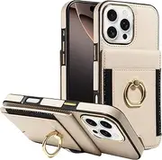 for iPhone 16 Pro Max (6.9 inch) Wallet Case with Credit Card Holder and 360° Rotation Ring Stand, RFID Block Flip Leather Shockproof Cover-Beige