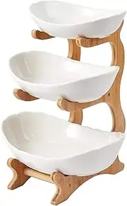 3 Tier Porcelain Fruit Bowl - Ceramic Vegetable Storage with Bamboo Stand