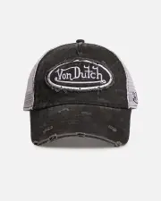 [VON DUTCH] Von Dutch Destroyed Twill Trucker Snapback Washed Black - Size ONE ONE Washed Black