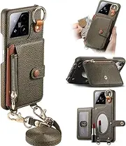 Durable Removable Crossbody Wallet Phone Case for Xiaomi 15 Pro, Zippered Purse,Ring Holder,Integrated Mirror,Card Slot,Multi-Angle Stand in Elegant Pebbled Leather Cover(Light Green)