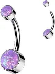 [FIFTH CUE] Implant Grade Solid Pure Titanium Internally Threaded Round Bezel Set Double Opal Navel Belly Ring