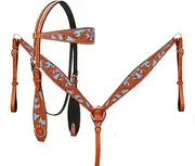 Horse Western Basket Weave Tooled Leather Bridle Breast Collar Tack Set 78RS0311