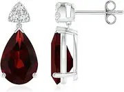 [Angara] Natural Pear-Shaped Garnet Drop Earrings with Trio Diamonds in Sterling Silver/10ct/14ct Solid Gold for Women | January Birthstone Jewellery
