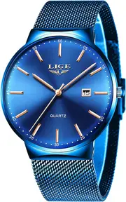 LIGE Men's Fashion with Blue Leather Quartz Watch Strap Chronograph Waterproof Auto Date Analog Full Blue Men Wrist Watches