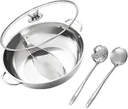 Stainless Steel Hot Pot with Divider with Glass Lid Mandarin Duck Pot Cooking Pot Professional Hot Pot Cooker for Party Household Restaurant, with Spoon and lid