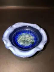 Handmade Studio Pottery Stoneware Crackle Glaze Blue Small Dish Ashtray SIGNED