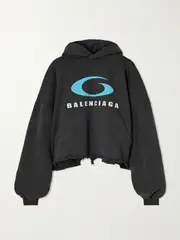 [Balenciaga] Balenciaga - Oversized Cropped Distressed Printed Cotton-jersey Hoodie - Black - 1 1 Black