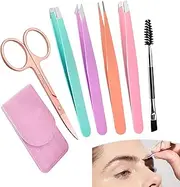 6 Pack Eyebrow Tweezer Set, Tweezers Set for Women, Stainless Steel Slant Tweezer Set and Pointed Hair Removal Tweezers, Angled & Brows Brushes, for Ingrown Hair, Hair Plucking Daily Beauty Tools