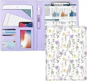 WAVEYU Padfolio Portfolio Folder, Faux Leather Interview Resume Legal Pad with Document Organizer & Business Card Holder, Professional Work Padholder with Pen Loop Clipboard for Women, White Flower