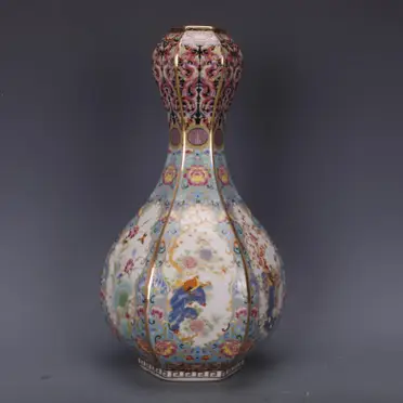 ※中国古美術/琺瑯花鳥紋八角長頸瓶/ (底款:大清乾隆年製) 清乾隆爬花描金琺瑯彩花鳥六方瓶仿古瓷器家居中式擺件古董古玩1入| 銀