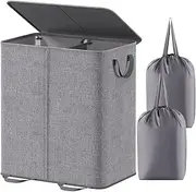 [Lifewit] Double Laundry Hamper with Lid and Removable Laundry Bags, Large Collapsible 2 Dividers Dirty Clothes Basket with Handles for Bedroom, Laundry Room, Closet, Bathroom, College, Grey