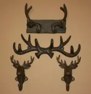(4) Deer Hunter Rustic Bathroom Decor Cast Iron Towel Hooks, Deer Fever