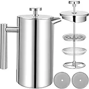 French Press Coffee Maker 1000ml – Double-Walled Insulated Stainless Steel Coffee Press with Spare Filter – Brews 8 Cups