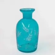 Bright Blue With White Leaf Print Square Decorative Bottle