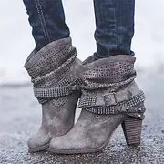 Women's Gray Slouchy Ankle Boots with Studded Straps and Cut-Out Design - Perfect for Casual and Boho-Chic Outfits