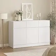 Sideboard Storage Cabinet Buffet, Kitchen Sideboard Cabinet with Doors for Living Room 3 Convenient Smooth Sliding Doors & 3 Drawers, Side Cabinet Table Cupboard, White