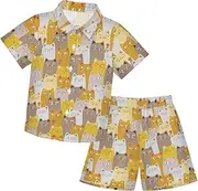 [visesunny] Boy Short Sleeve Aloha Hawaiian Shirt Set Button Down Shirt Boy Summer Outfits Yellow Cat