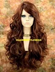 FULL WIG LONG WAVY LAYERED WITH SIDE BANGS AUBURN BROWN MIX HEAT OK NWT