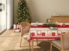 Classic Christmas Tablecloth with print of Santa and Red Poinsettias.