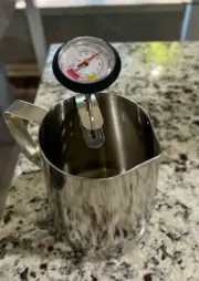 Milk Frothing Pitcher with Thermometer for Steaming Milk, 21Oz Stainless Steel