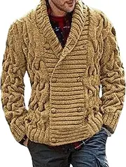 [Qolkmuiy-GJ] Mens Ribbed Shawl Collar Cardigan Casual Button Open Front Knitwear Chunky Fashion Buttons Twisted Cardigans