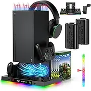 LED Cooling Stand and Charging Station for Xbox Series X Console ＆ Controller, Cooling Fan Station for Xbox Series X Accessories with 2X 1400mAh Rechargeable Controller Battery Pack, 15 Light Modes