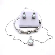 Opal and Silver Necklace Earring Bracelet Set Rhodium Plated Brass, Lab Created