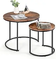 Giantex Set of 2 Round Nesting Coffee Table, Compact Stacking Side Tables w/Wooden Tabletop & Powder-coated Steel Frame, Space-saving Vintage End Tables for Living Room (Rustic Brown)