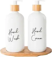 Little Storage Co. 500ml Glass Pump Bottle with Bamboo Tray, Refillable Hand Soap Dispenser for Kitchen, Soap Dispenser Set for Bathroom Accessories Shampoo Pump Bottle - White