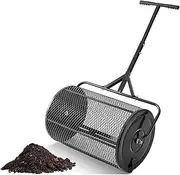 Garden Spreaders, 24 inch Heavy Duty Metal Mesh Roller Spreader, Compost, Peat Moss, Top Soil, Mulch-Garden, Compost Spreader with Metal Mesh Basket Adjustable Pole for Lawn and Garden Care