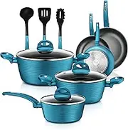 NutriChef 12-Piece Nonstick Kitchen Cookware Set - PTFE/PFOA/PFOS-Free Heat Resistant Lacquer Kitchen Ware Pots Pan Set Light Gray/Green - Saucepot, Pans, Cooking Pot Oven Pot, Lid, Utensil - NCCW12GR