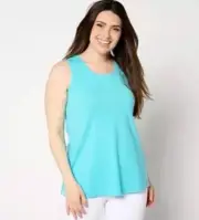 Denim & Co Naturals Linen Blend Scoop Neck Tank Top Clear Aqua Blue Size 2X