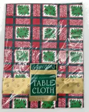 Sarah Lynn's Holiday Red Plaid Tree Vinyl Flannelback Square Tablecloth