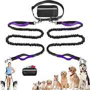Upliftjoys Dog Leash, Upliftjoys Hands Free Dog Leash with Zipper Pouch, Retractable Bungee Waist Leashes, Adjustable Dual Padded Handles & Reflective Design for Walking & Hiking (Double-Purple)