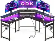 [ODK] L Shaped Gaming Desk with LED Lights&Power Outlet,129 * 129 * 76cm Computer Desk Gaming Table with Large Monitor Stand, Headphone Hook, Metal Legs, Black