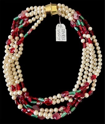 Vtg KJL For Trifari 5-strand Red Green Glass Faux Pearl Choker Necklace 17”, NWT