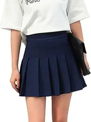 [HOEREV] Women Girls Short High Waist Pleated Skater Tennis School Skirt,X-Large,UK 12,NavyBlue