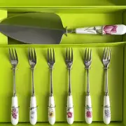 Grace Teaware Botanic Cutlery 6 Forks 10" Cake Server Porcelain Handles Gift Set