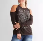 Affliction Women's "FACTORY GRADE" Foiled Long Sleeve cold shoulder T-shirt NWT