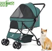 Pet Stroller, Foldable Dog Cat Travel Pushchair with Reversible Handle, EVA Wheels, Brake, Basket, Adjustable Canopy, Safety Leash, for Small Dogs (Dark Green)