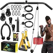 Fitness LAT and Lift Pulley System Gym - Upgraded LAT Pull Down Cable Machine Attachments, Loading Pin, Handle and Tricep Rope, for Biceps Curl, Forearm, Triceps Exercise Home Gym Equipment