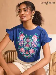 Love & Roses Cobalt Blue Floral Embroidered Flutter Sleeve Jersey T-Shirt (F17037) | $65