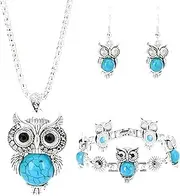 [SUPAC] Vintage Owl Jewelry Set with Turquoise Stones, Silver-Tone Necklace, Bracelet and Earrings, 27.5 inch Chain, Standard, Stainless Steel, Cubic Zirconia