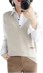 [SGeneE] 100% Cashmere Sweater Vest V-Neck Sleeveless Pullover Sweater with Pockets Solid Knitted Vest