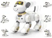 STEMTRON Remote Control Robot Dog Toy, Programmable Interactive & Smart Dancing Robots for Kids 3 and up, RC Stunt Toy Dog with Sound LED Eyes, Electronic Pets Toys Robotic Dogs for Kids Gifts (Gold)